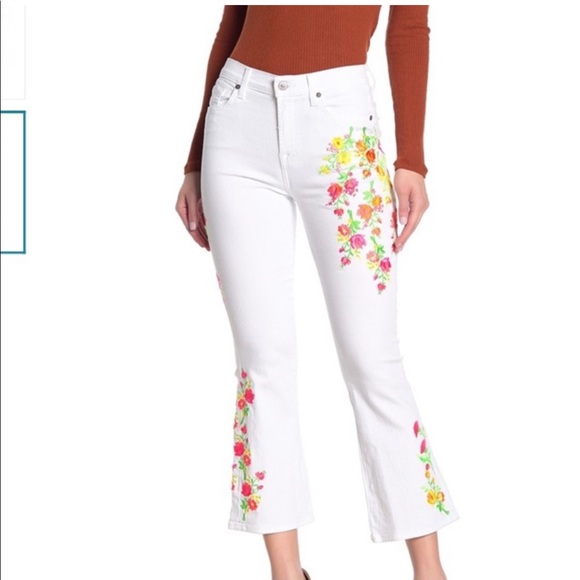 7 For All Mankind 7FAMK Neon Floral Embroidery Flare White Cropped Kick Jeans 28 - Picture 3 of 15